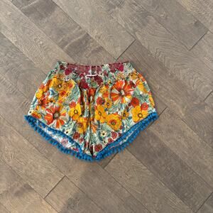 Natural Life Floral Pom Pom Shorts Orange/Blue women Sz XL Stretch High Waisted